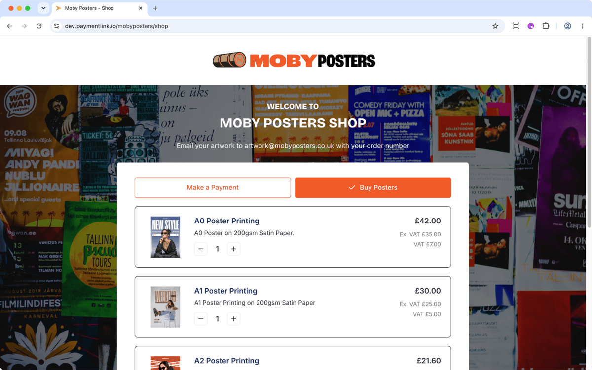 Branded micro e-commerce shop page with products and business branding