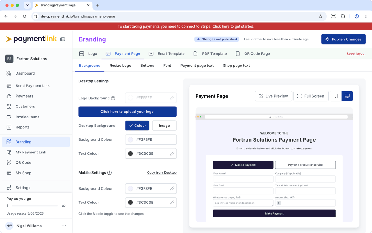 PaymentLink.io branding dashboard with desktop and mobile payment page settings